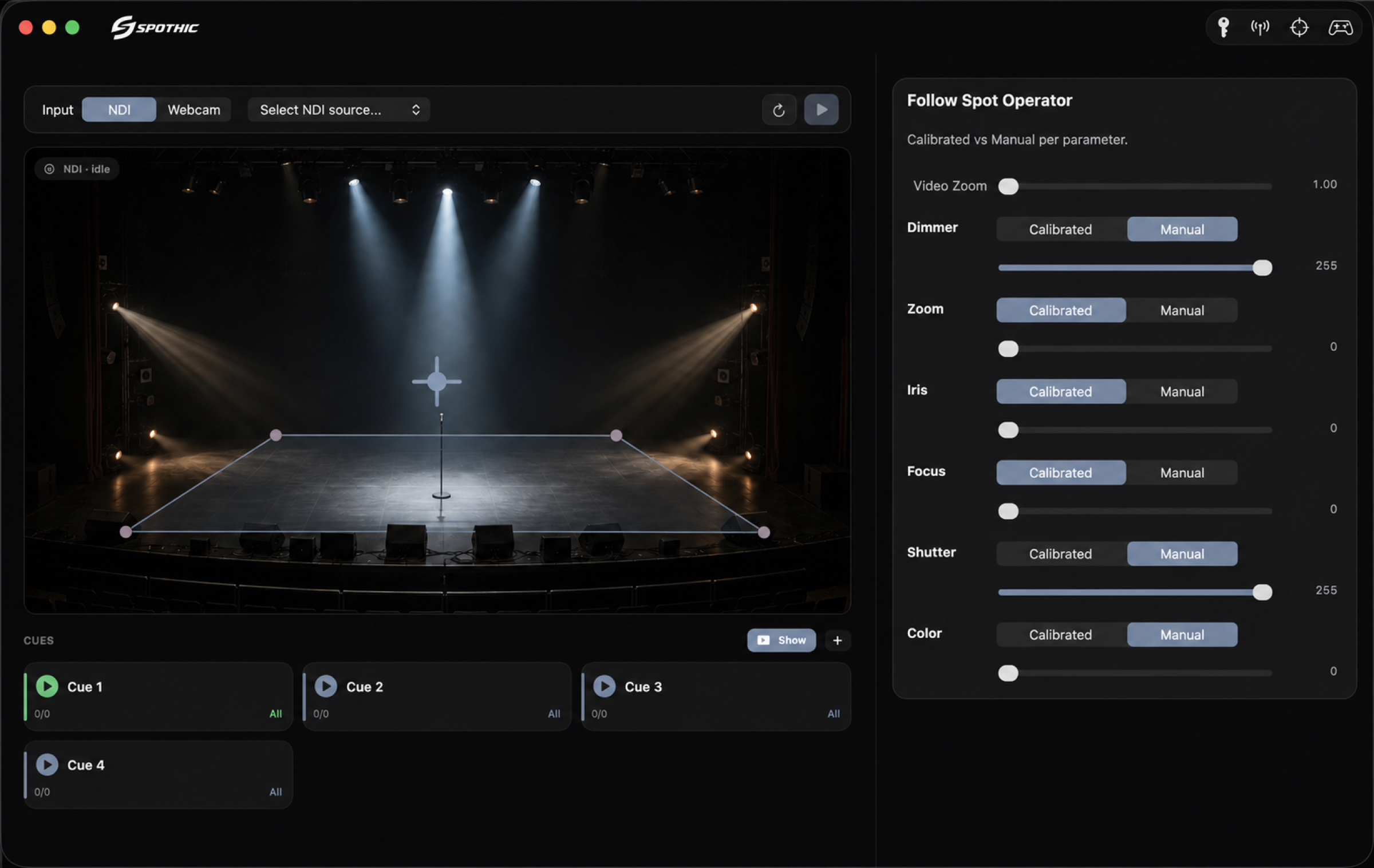 SPOTHIC operator workspace with the four stage corners calibrated around an empty stage and spotlights focused on the main vocal microphone